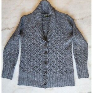 Eddie Bauer Chunky Cable Knit Womens Med Lambswool Grandpa Collar Cardigan Grey